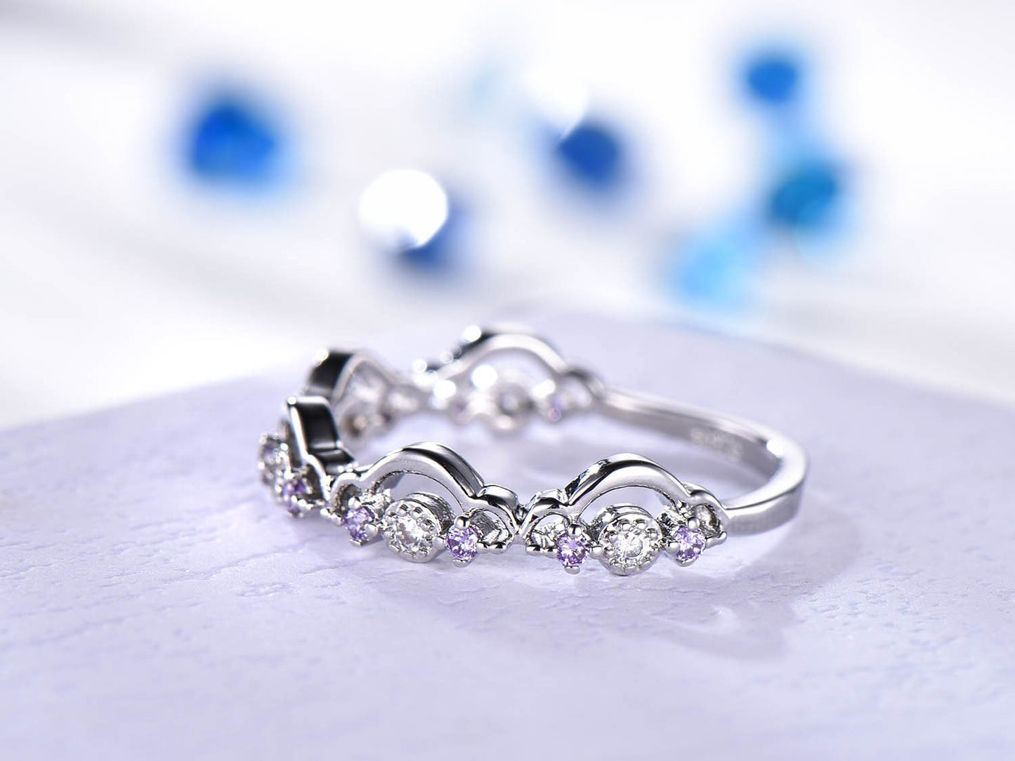 Amethyst diamond wedding band women half eternity ring 14k white gold natural gemstone floral loop promise bridal anniversary jewelry