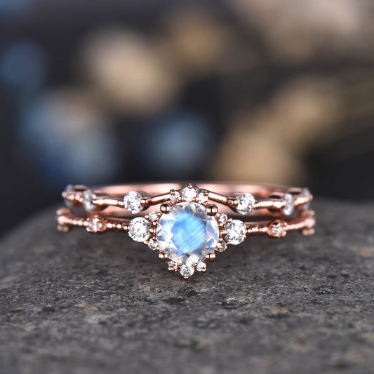 Moonstone Engagement Ring Set Rose Gold Diamond Matching Band For Women Floral Stacking Promise Wedding Jewelry Anniversary Gift For Her