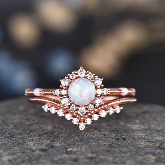 Vintage Opal Engagement Ring Set Rose Gold Diamond Eternity Ring For Women Stacking Bridal Set Floral Halo Promise Anniversary Gift Sterling