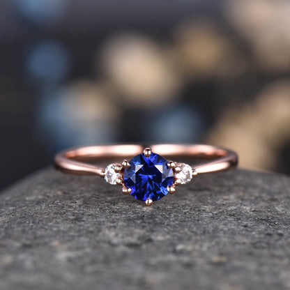Blue sapphire ring set diamond engagement ring rose gold eternity opal curved stacking matching band promise jewelry September birthstone
