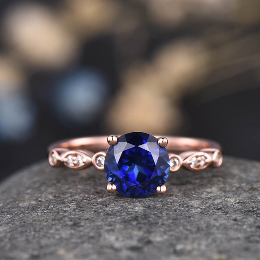 Blue sapphire ring women art deco rose gold engagement ring diamond band bridal promise solitaire ring September birthstone anniversary gift