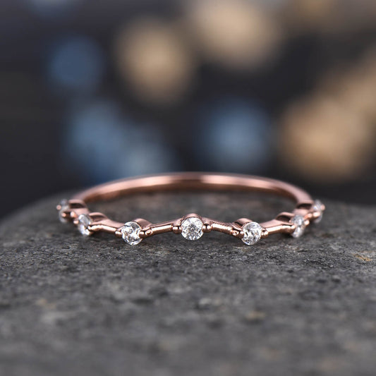 Dainty Diamond Wedding Band Rose Gold Curved Wedding Ring Stacking Matching Band For Women Genuine Diamond Anniversary Gift For Her