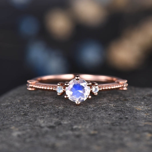 Dainty Moonstone Engagement Ring Rose Gold Women Anniversary Ring Milgrain Floral June Birthstone Promise Jewelry Wedding Gift For Her