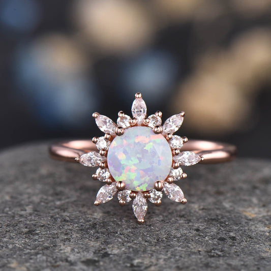 Opal Engagement Ring Rose Gold Diamond Ring Women Antique Flower Diamond Halo Plain Gold Band Promise Bridal Anniversary Jewelry For Her