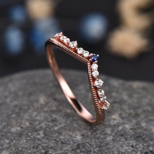 Curved Wedding Band Rose Gold Diamond Blue Sapphire Ring Women Chevron Matching Stacking Band Unique Promise Anniversary band
