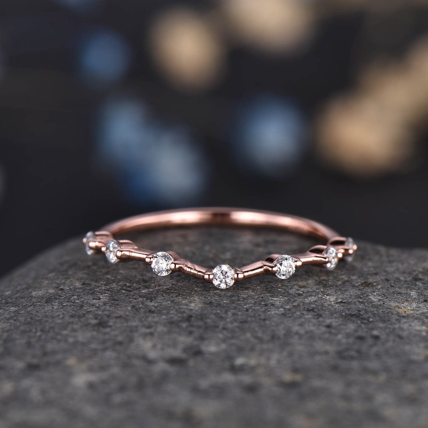 Dainty Diamond Wedding Band Rose Gold Curved Wedding Ring Stacking Matching Band For Women Genuine Diamond Anniversary Gift For Her
