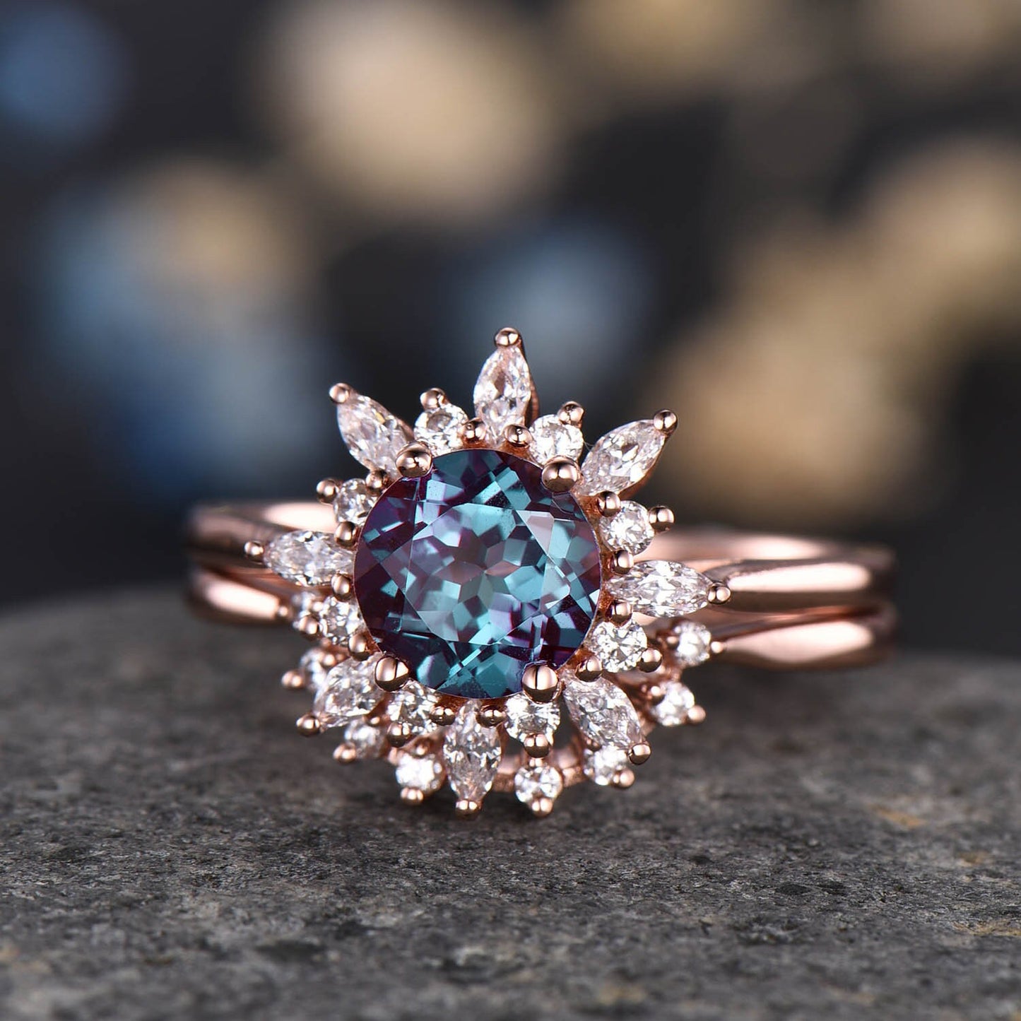 Alexandrite Engagement Ring Rose Gold Ring Diamond/ Moissanite Halo Promise Bridal Jewelry Antique Flower Style Plain Gold Band Gift For Her