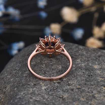 Alexandrite Engagement Ring Rose Gold Ring Diamond/ Moissanite Halo Promise Bridal Jewelry Antique Flower Style Plain Gold Band Gift For Her