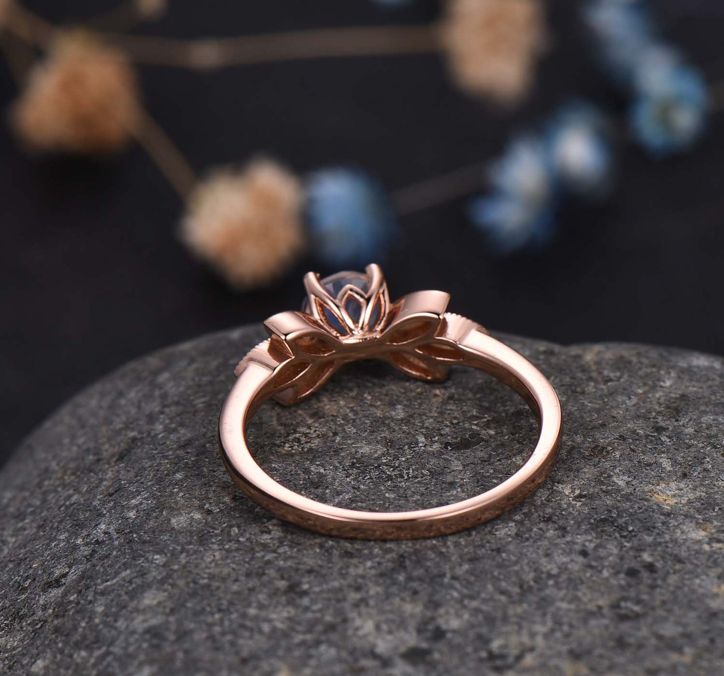 Unique moonstone engagement ring diamond rose gold wedding ring for women flower design jewelry natural gemstone anniversary birthday gift