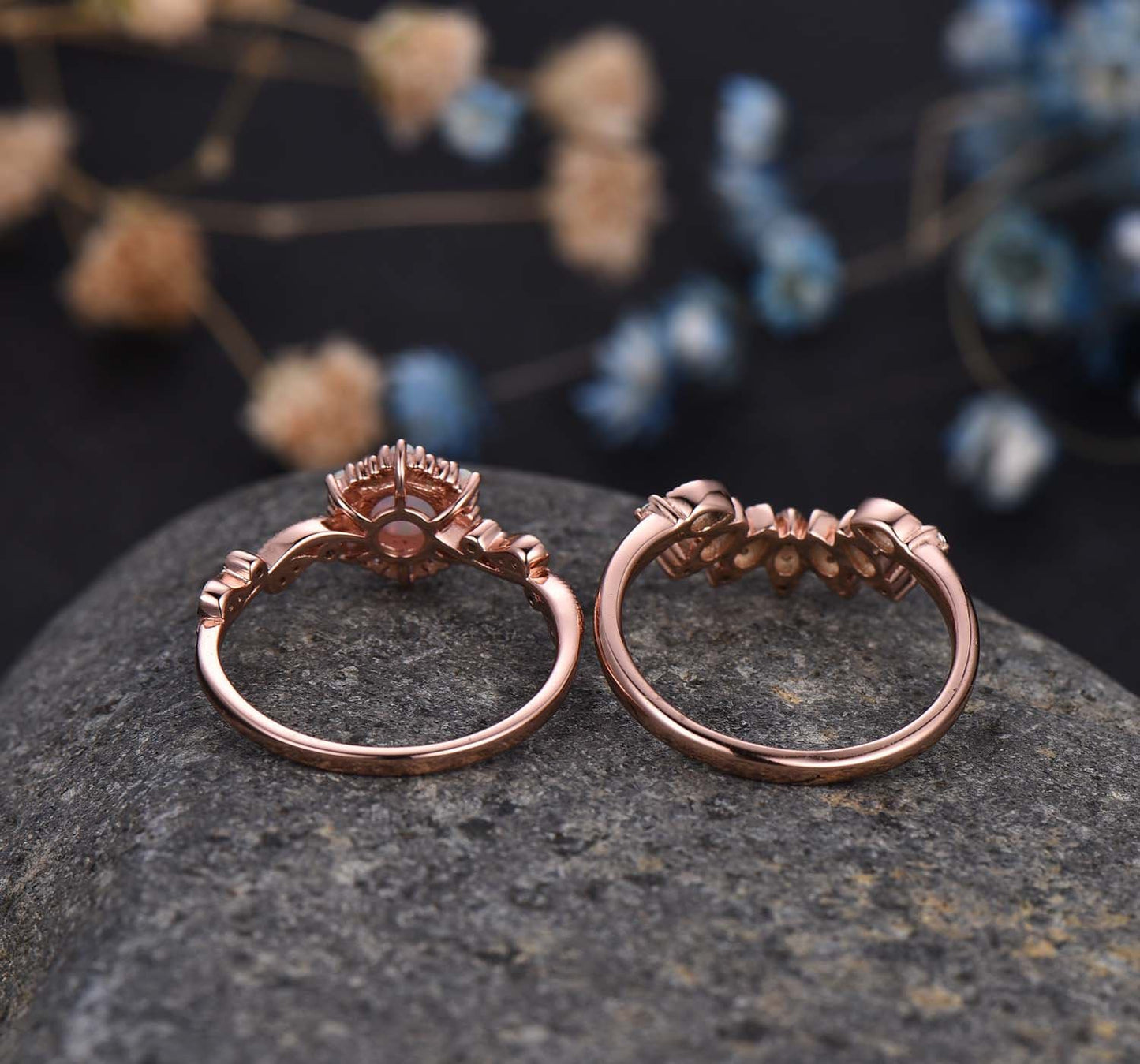 Opal Engagement Ring Set Art Deco Milgrain Eternity Ring Rose Gold Diamond/Moissanite Matching Band Stacking Crown Ring Gift For Her