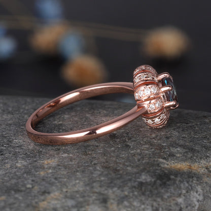 Alexandrite Engagement Ring Rose Gold Diamond Halo Ring Plain Gold Band Unique Flower Jewelry For Women Bridal Gift Color Changing Gemstone