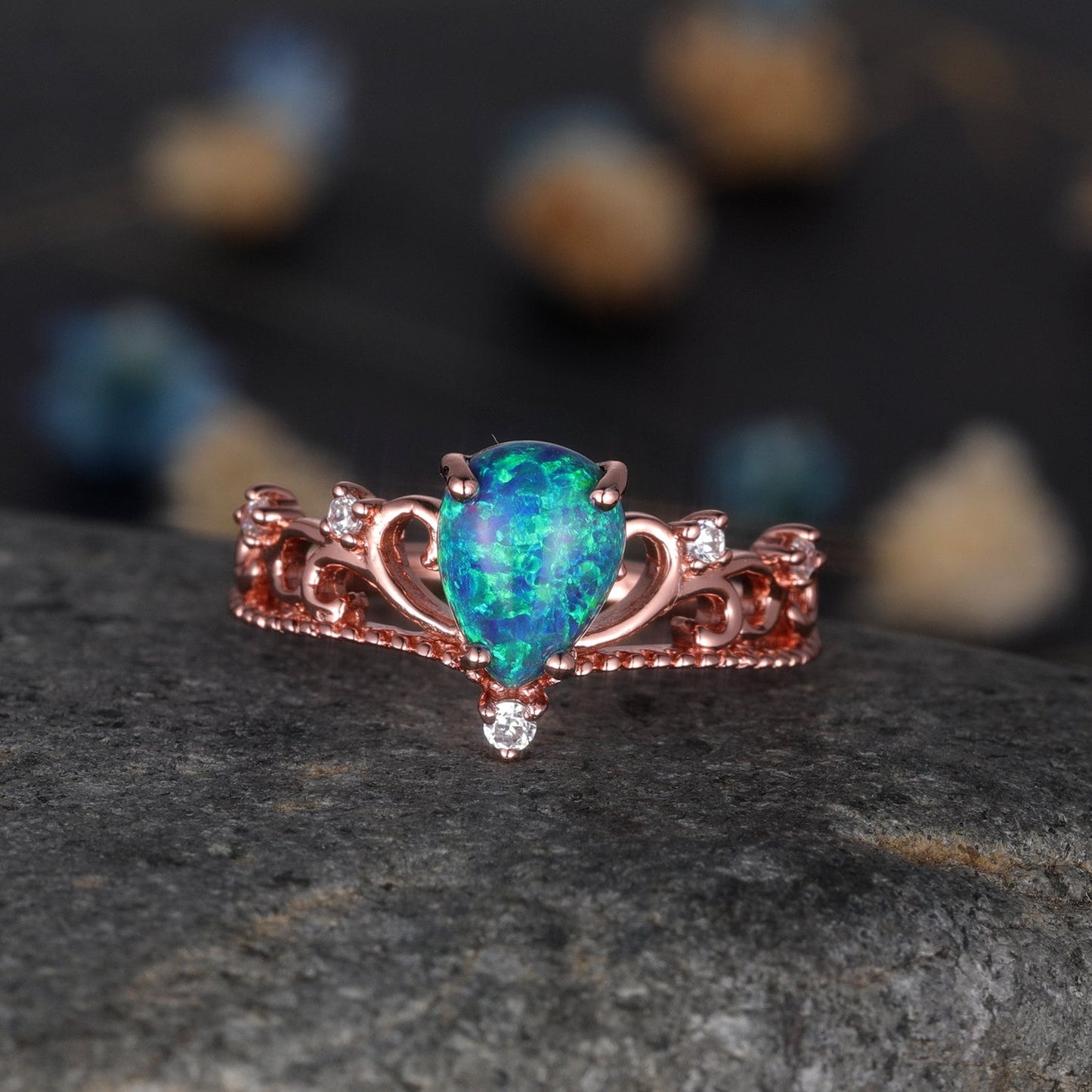Black Opal Wedding Ring Rose Gold Diamond Engagement Ring Milgrain Floral Band For Women Promise Solitaire Ring 6x8mm Pear Shaped Opal
