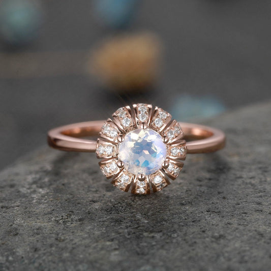 Moonstone Diamond Rose Gold Engagement Ring Vintage Floral Wedding Ring Plain Gold Band Women Promise Anniversary Jewerly Rainbow Moonstone