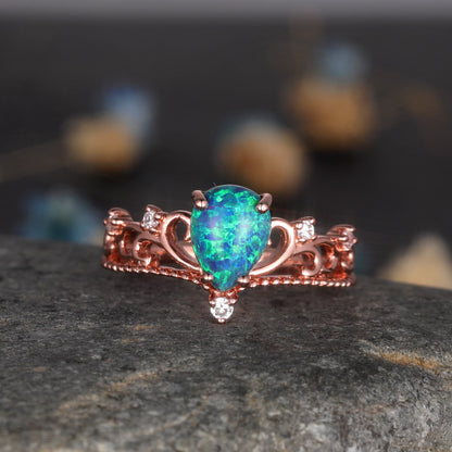 Black Opal Wedding Ring Rose Gold Diamond Engagement Ring Milgrain Floral Band For Women Promise Solitaire Ring 6x8mm Pear Shaped Opal