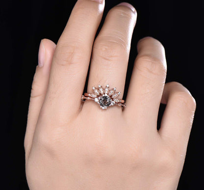Black rutilated quartz engagement ring set women rose gold diamond moissanite matching band vintage floral stacking promise jewelry
