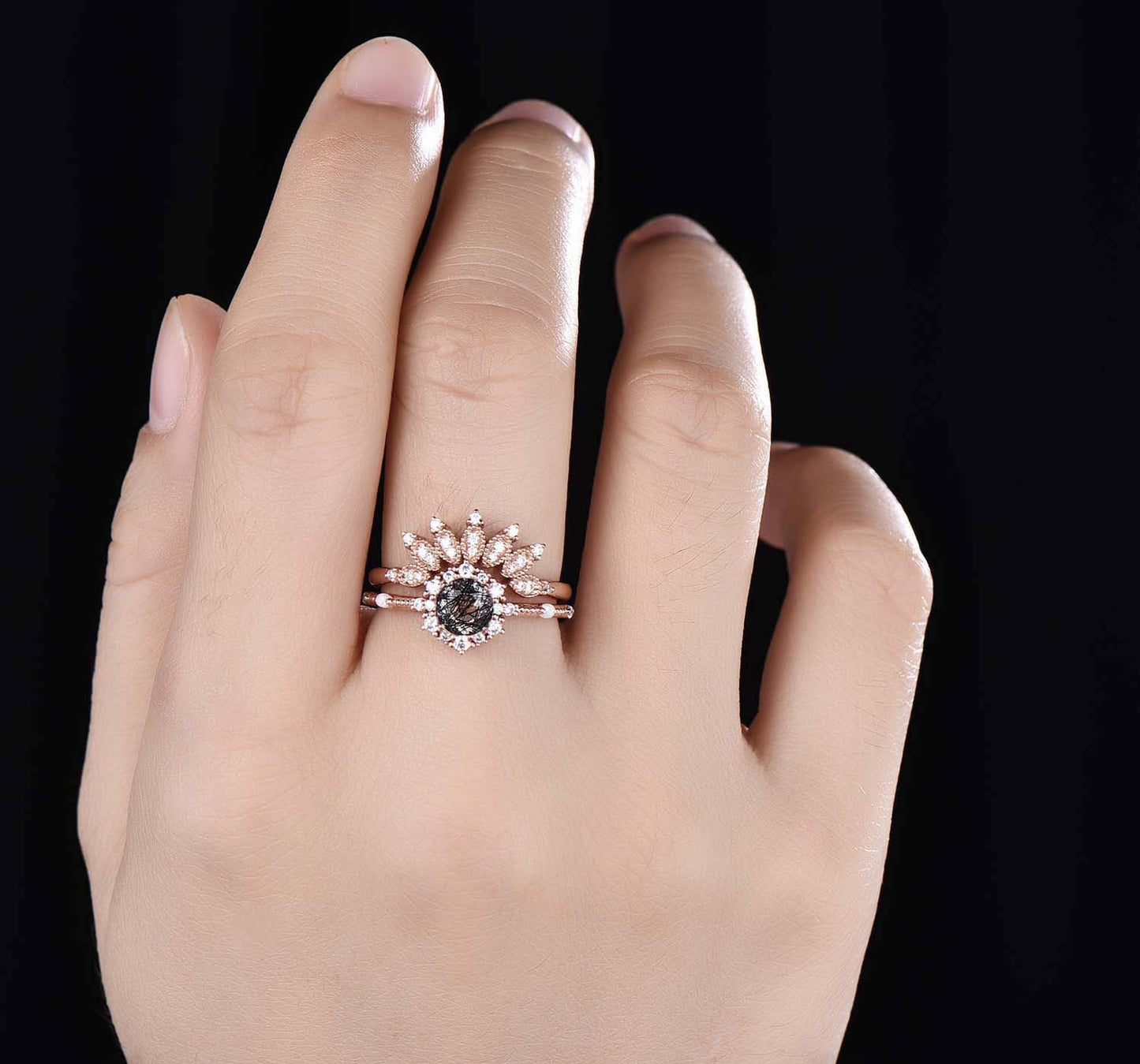Engagement Ring Set Black Rutilated Quartz Ring Diamond/Moissanite Stacking Matching Band Art Deco Milgrain Eternity Ring Gift For Her