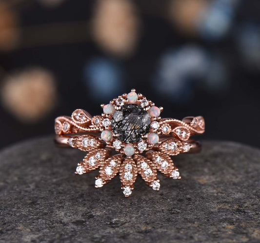 Black Rutilated Quartz Engagement Ring Set Art Deco Eternity Ring Rose Gold Women Diamond/Moissanite Matching Band Stacking Crown Ring