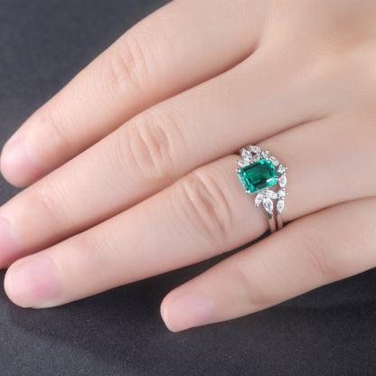 Emerald Engagement Ring Set Moissanite Wedding Band Women White gold Emerald Cut Gemstone Anniversary Promise Gift For Her