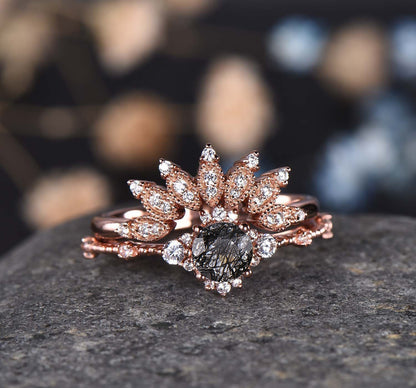 Black rutilated quartz engagement ring set women rose gold diamond moissanite matching band vintage floral stacking promise jewelry