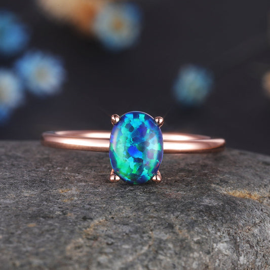 Black Opal Engagement Ring Rose Gold Women Solitaire Ring Promise Wedding Jewelry Plain Gold Band Prongs Set Anniversary Christmas Gift