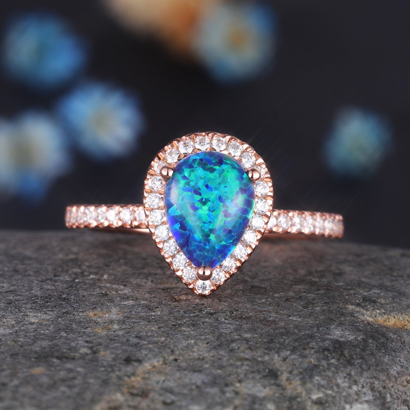 Pear Shaped Black Opal Engagement Ring Diamond Wedding Ring Promise Jewelry For Her 14k Rose Gold October Birthstone Christmas Gift