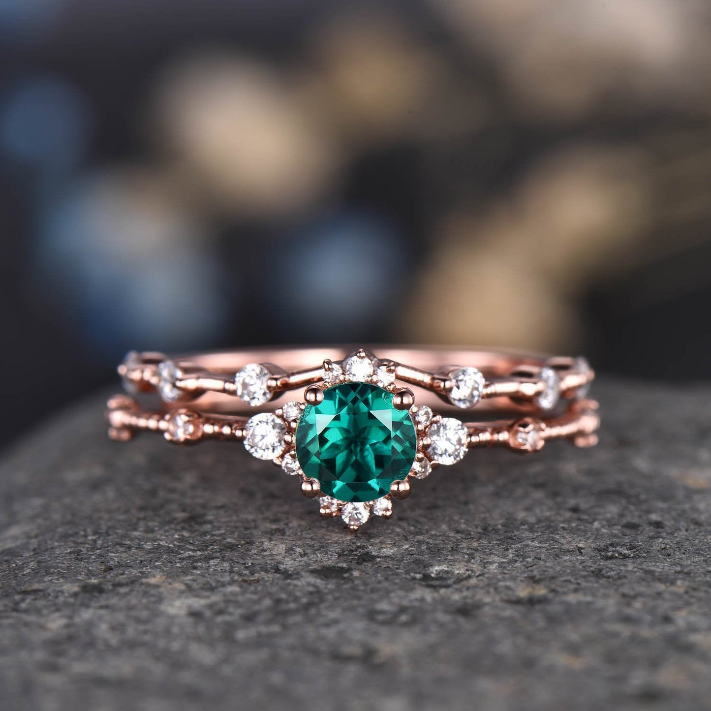 Emerald Ring Set Rose Gold Women Engagement Ring Diamond/Moissanite Matching Band Floral Vintage Minimalist Bridal Promise Jewelry