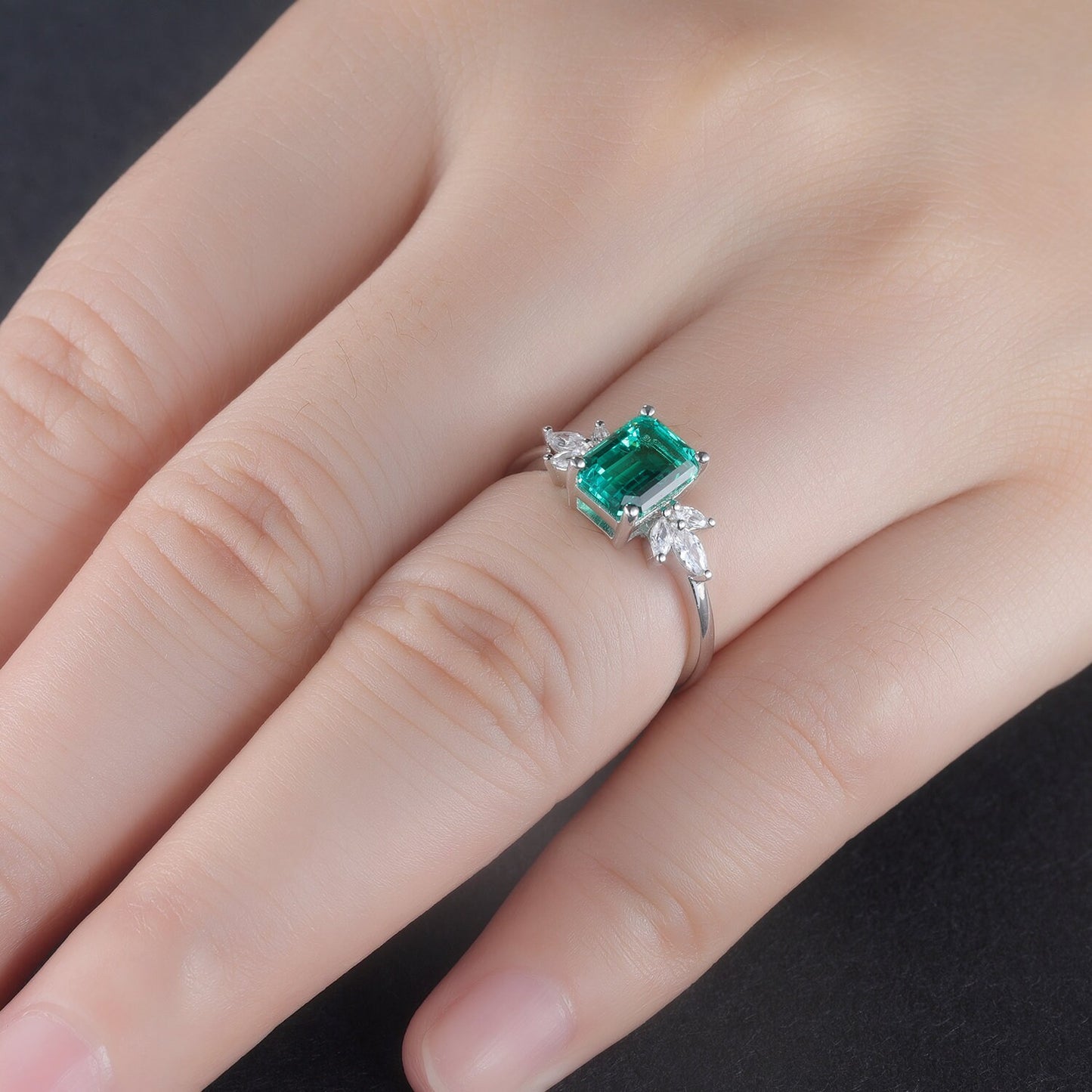 Emerald ring women moissanite engagement ring white gold art deco wedding band floral vintage bridal jewelry May birthstone anniversary gift