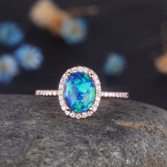 Oval Shaped Black Opal Engagement Ring Rose Gold Wedding Ring For Women Diamond Eternity Band Delicate Halo Promise Jewelry Anniversary