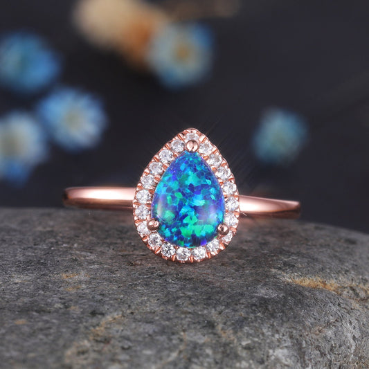 Black Fire Opal Engagement Ring Pear Shaped Opal Diamond Wedding Ring Solid 14k Rose Gold Band October Birthstone Christmas Gift For Women