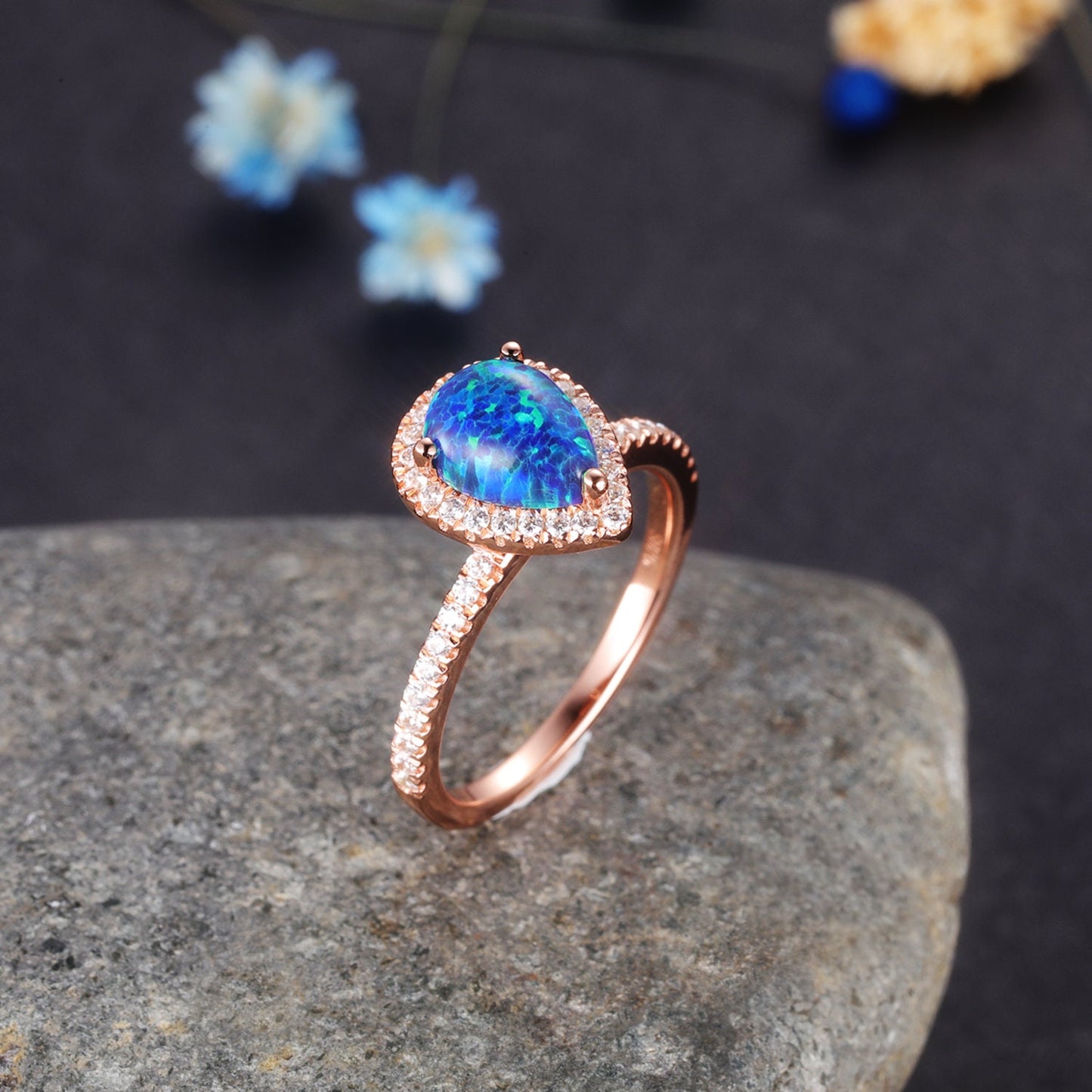 Pear Shaped Black Opal Engagement Ring Diamond Wedding Ring Promise Jewelry For Her 14k Rose Gold October Birthstone Christmas Gift