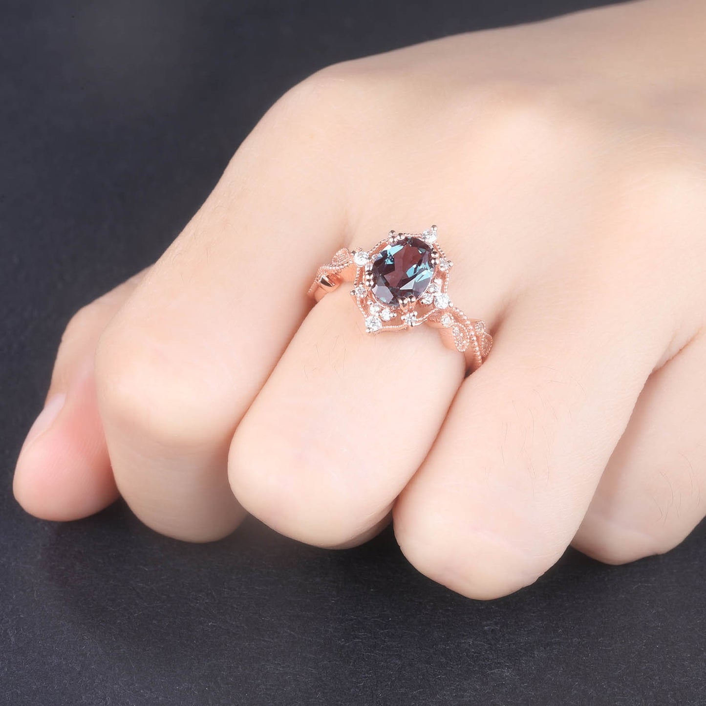 Vintage Alexandrite Engagement Ring Oval Shaped Rose Gold Ring Milgrain Art Deco Halo Diamond Ring Unique Promise Jewelry Gift For Her