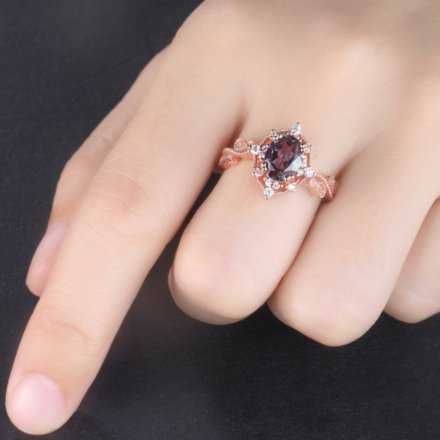 Vintage Alexandrite Engagement Ring Oval Shaped Rose Gold Ring Milgrain Art Deco Halo Diamond Ring Unique Promise Jewelry Gift For Her