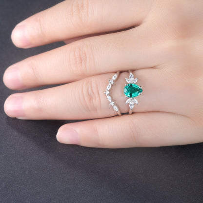 Pear cut emerald engagement ring set moissanite wedding ring women art deco stacking matching band vintage floral jewelry May birthstone