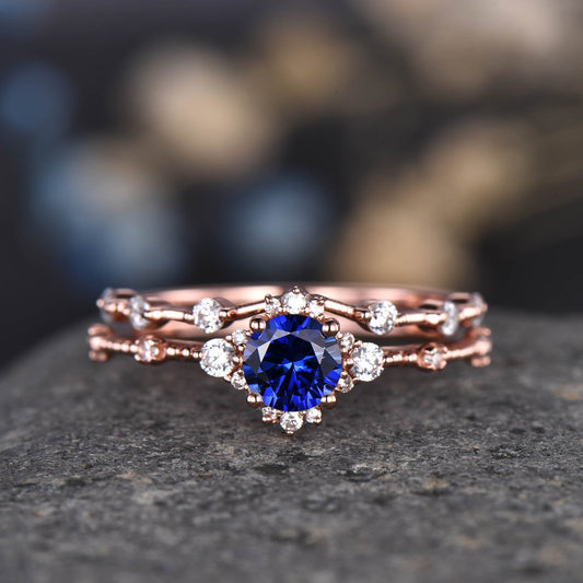 Blue Sapphire Ring Set Rose Gold Sapphire Engagement Ring Women Diamond/Moissanite Eternity Band Stacking Minimalist Bridal Jewelry