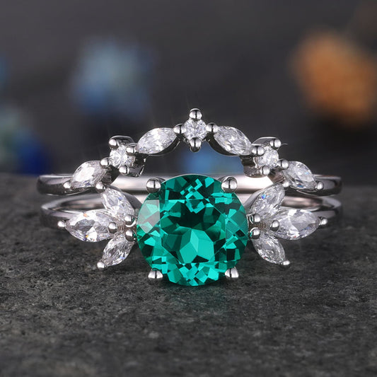 Emerald Engagement Ring White Gold Art Deco Stacking Matching Band Vintage Round Shaped Emerald Wedding Bridal Set Gift For Women
