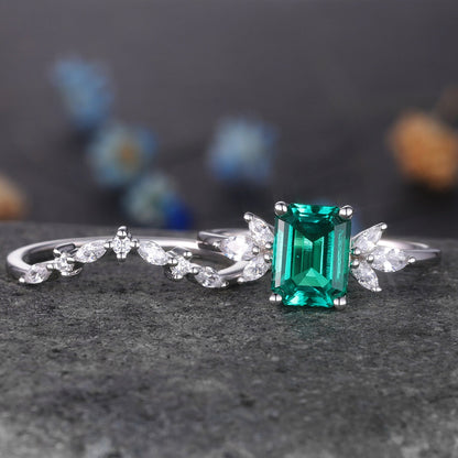 Emerald Engagement Ring Set Moissanite Wedding Band Women White gold Emerald Cut Gemstone Anniversary Promise Gift For Her