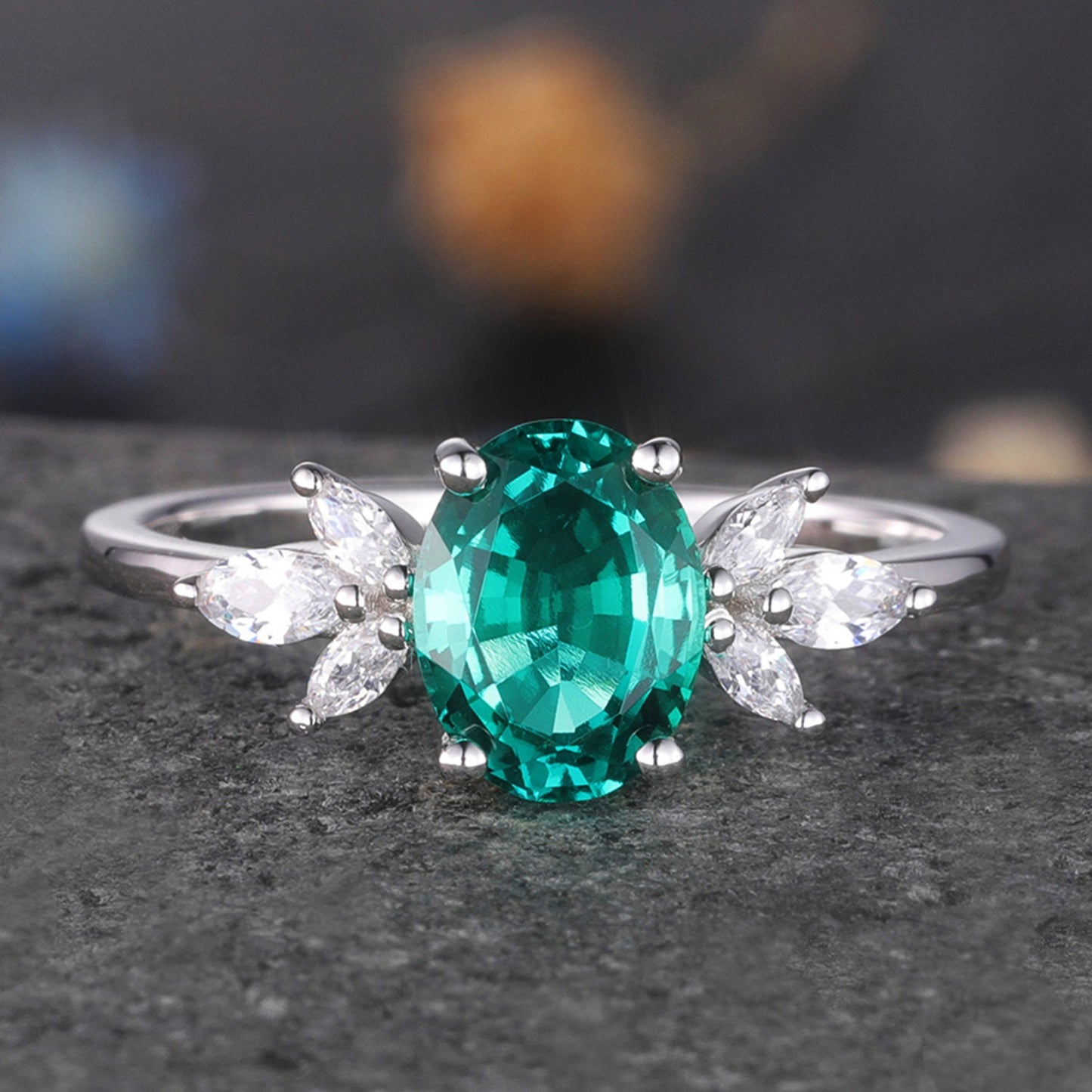 Oval Shaped emerald engagement ring women white gold moissanite wedding ring vintage floral jewelry 6x8mm May birthstone gift for her