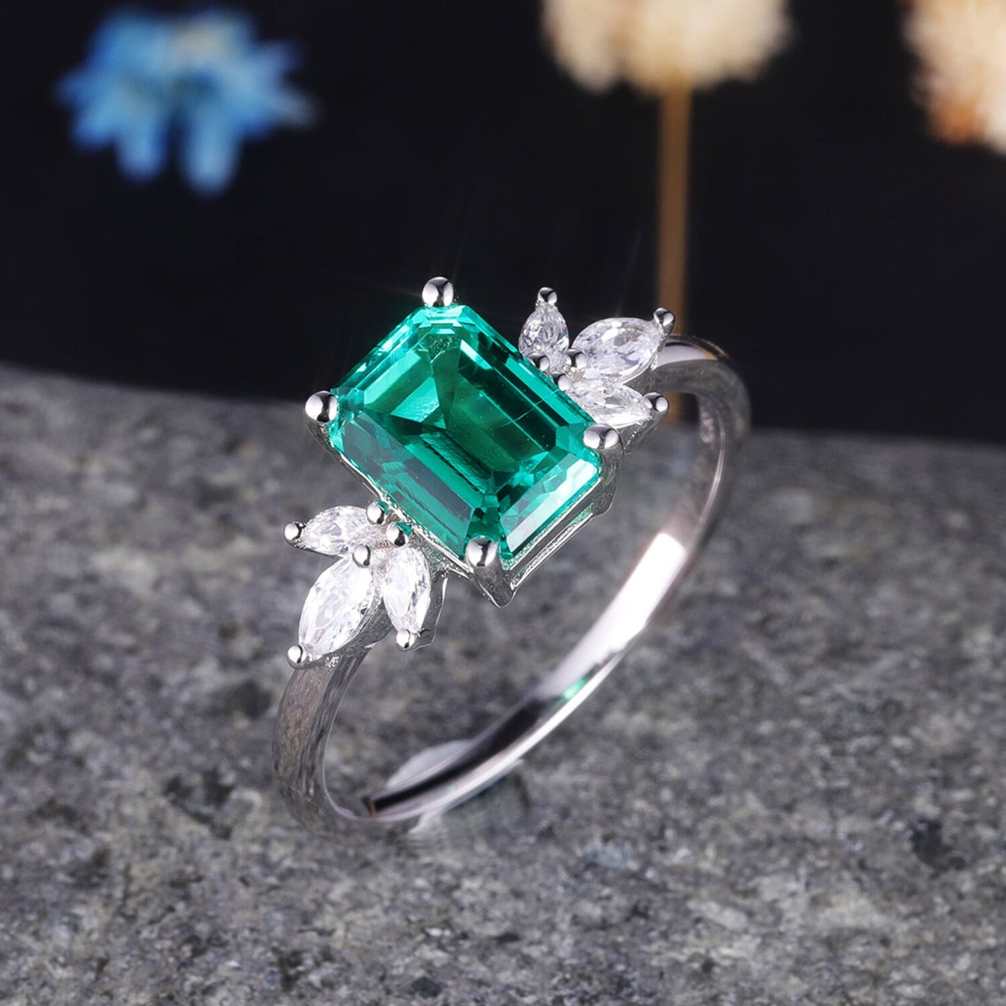 Emerald ring women moissanite engagement ring white gold art deco wedding band floral vintage bridal jewelry May birthstone anniversary gift