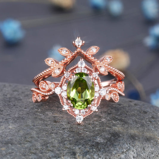Oval peridot ring set diamond wedding ring set for women rose gold diamond promise engagement ring floral art deco milgrain jewelry 14k