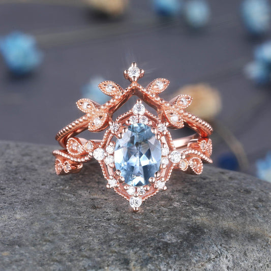 Aquamarine Wedding Ring Set Rose Gold Diamond Stackable Matching Band Aquamarine Engagement Floral Ring Art Deco Milgrain Anniversary