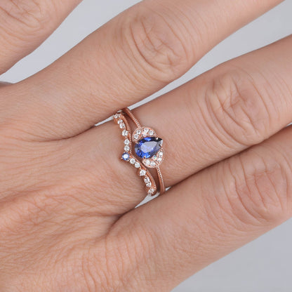 Sapphire Engagement Ring Vintage Antique Diamond Floral Ring Unique Wedding Band 4x6mm Pear Cut Blue Sapphire Solitaire Ring 14k White Gold