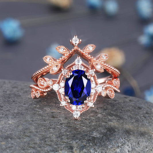 Blue sapphire ring set vintage engagement ring 14k rose gold sapphire wedding ring diamond matching band curved stacking bridal sets