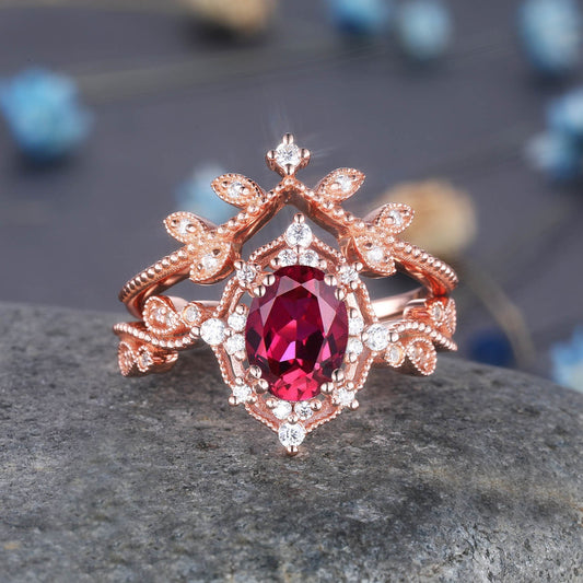 Vintage Ruby Ring Rose Gold Engagement Ring Set Diamond Ruby Wedding Ring Women Diamond Stacking Matching Band Art Deco Milgrain Jewelry