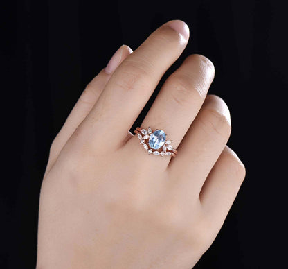 Aquamarine ring set aquamarine engagement ring moissanite band aquamarine bridal set Valentines day gift for women March birthstone Ring