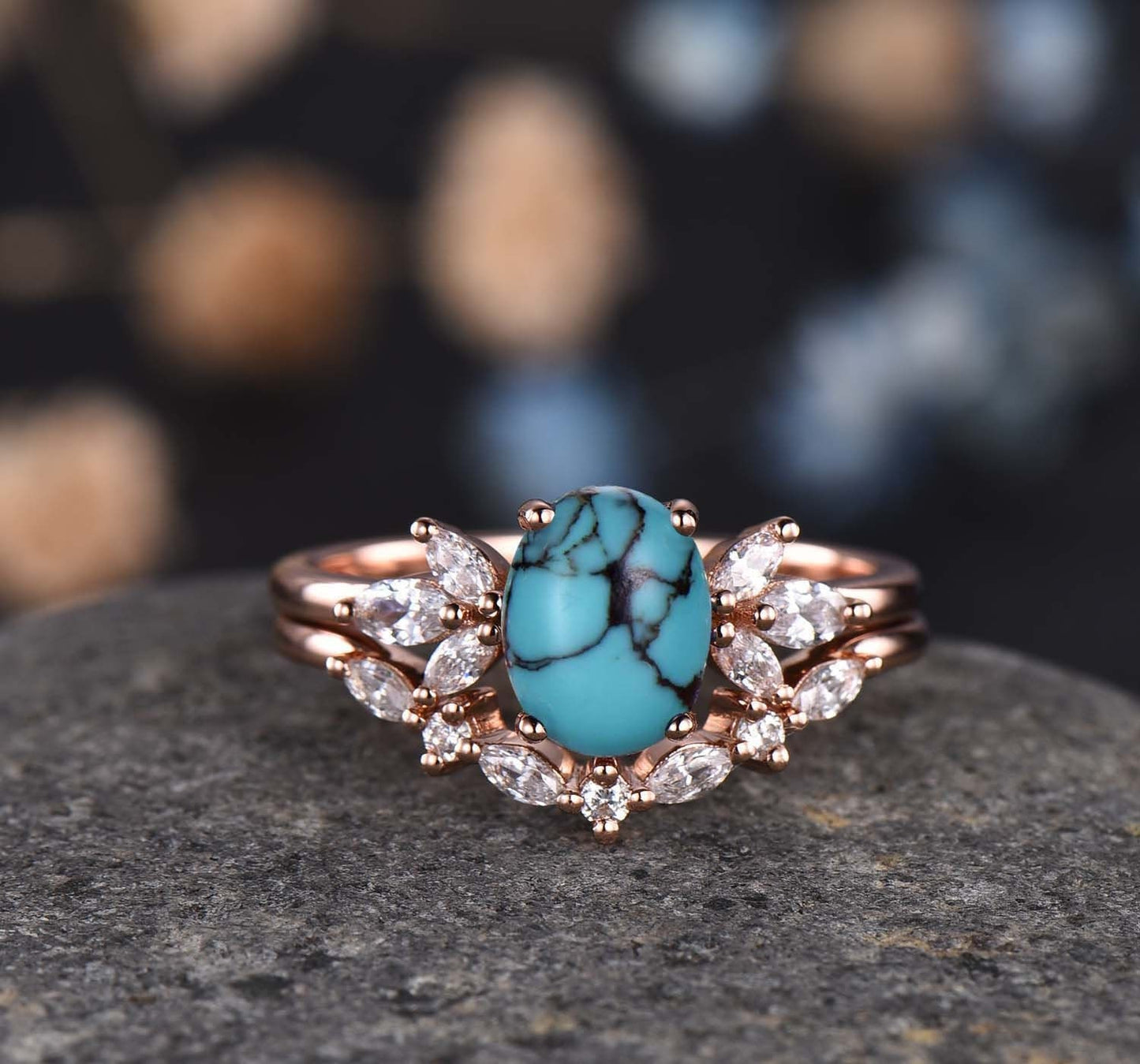 Turquoise ring set rose gold engagement ring for women moissanite matching band oval turquoise December birthstone Valentines day gift