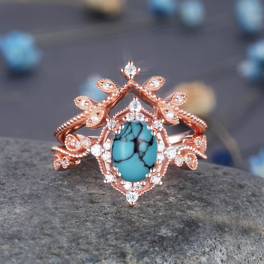 Turquoise ring rose gold turquoise diamond engagement ring set vintage floral diamond promise bridal jewelry art deco halo ring 2pcs