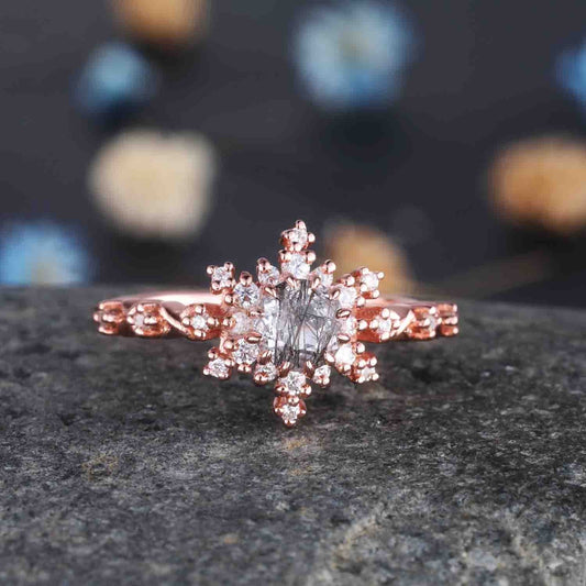 Black Rutilated Quartz Engagement Ring Rose Gold Antique Diamond Halo Wedding Ring Round Quartz Minimalist Floral Bridal Jewelry
