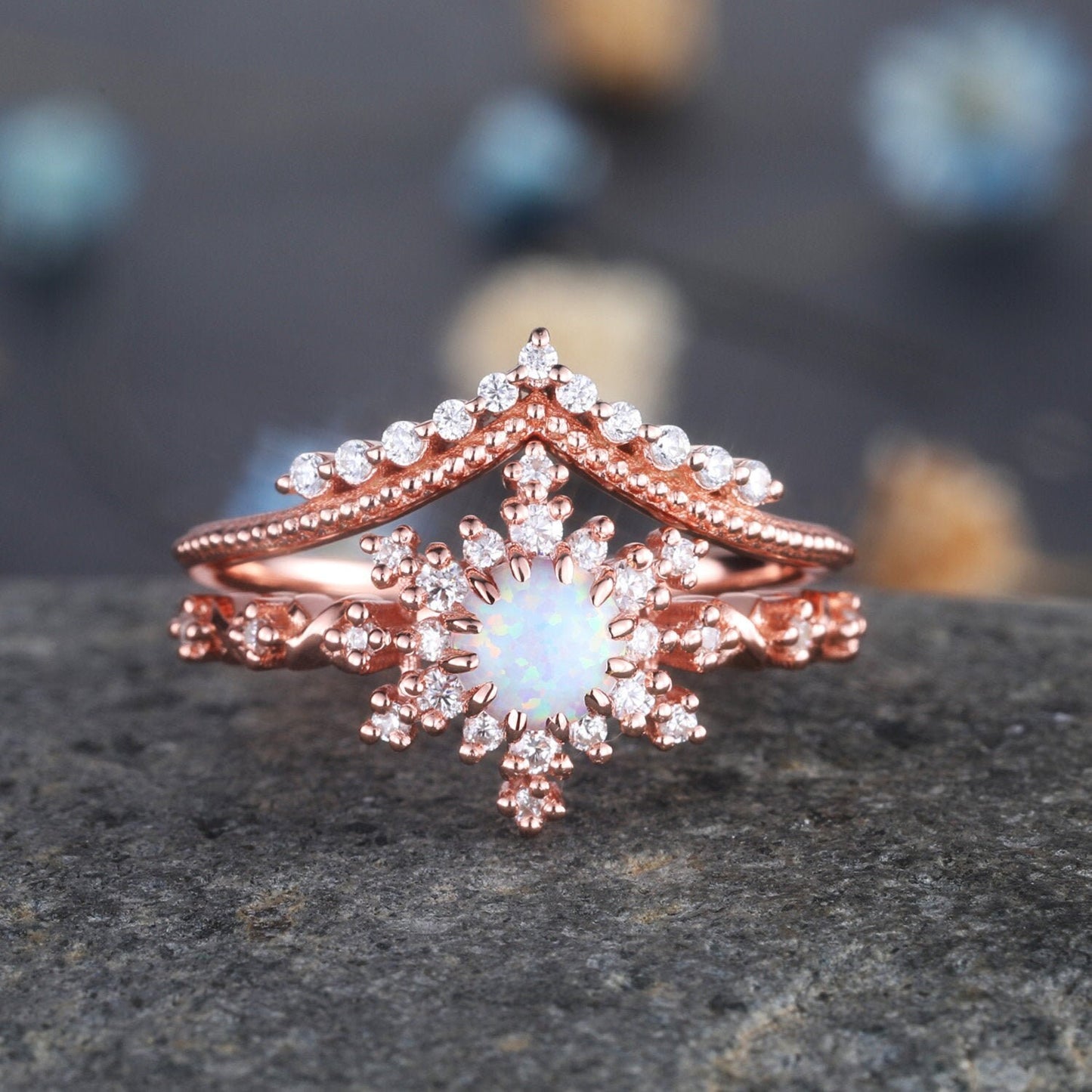Opal Engagement Ring Rose Gold Set Diamond Wedding Band Milgrain Curved Matching Band Vintage Women Bridal Jewelry Gifts For Her