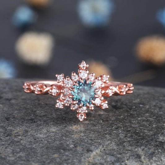 Alexandrite Engagement Ring Rose Gold Halo Ring Round Alexandrite Promise Jewelry For Women Diamond/Moissanite Unique Bridal Stacking Ring