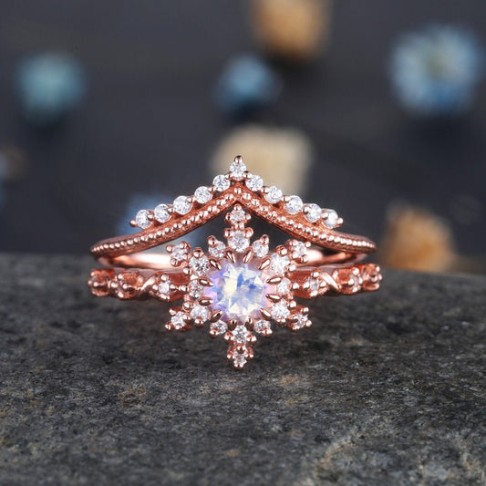 Moonstone Engagement Ring Set Rose Gold Diamond Wedding Ring Set Antique Flower Filigree Art Deco Curved Stacking Bridal Set Gift For Her